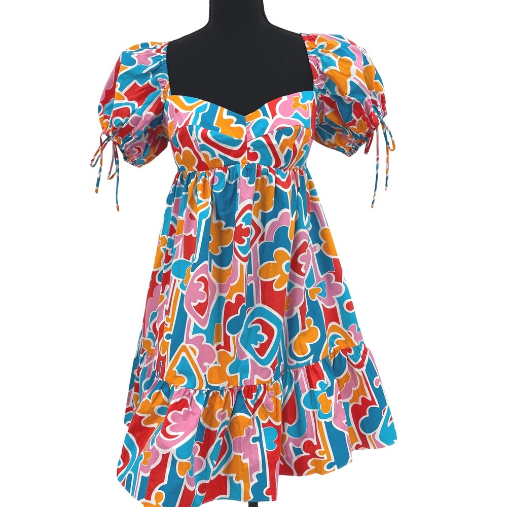 Amanda Uprichard Sicily Mini Dress NWT XL Miami Abstract Puff Sleeve Pockets
